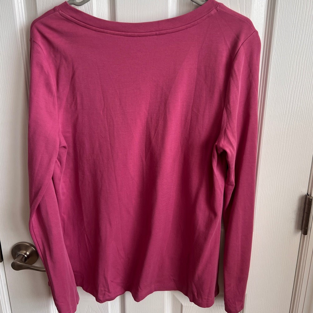 Isaac Mizrahi Live Essentials Long Sleeve Pima Cotton V Neck Pink T-Shirt Top - Picture 4 of 7